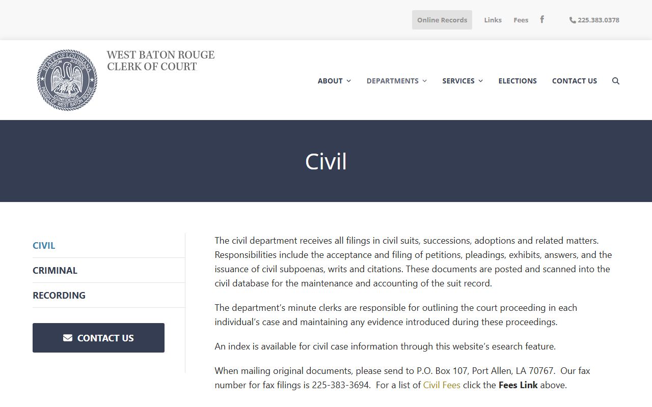 West Baton Rouge Parish Clerk of Court civil records department