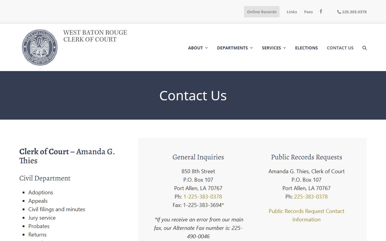 West Baton Rouge Parish Clerk of Court public records request contact
