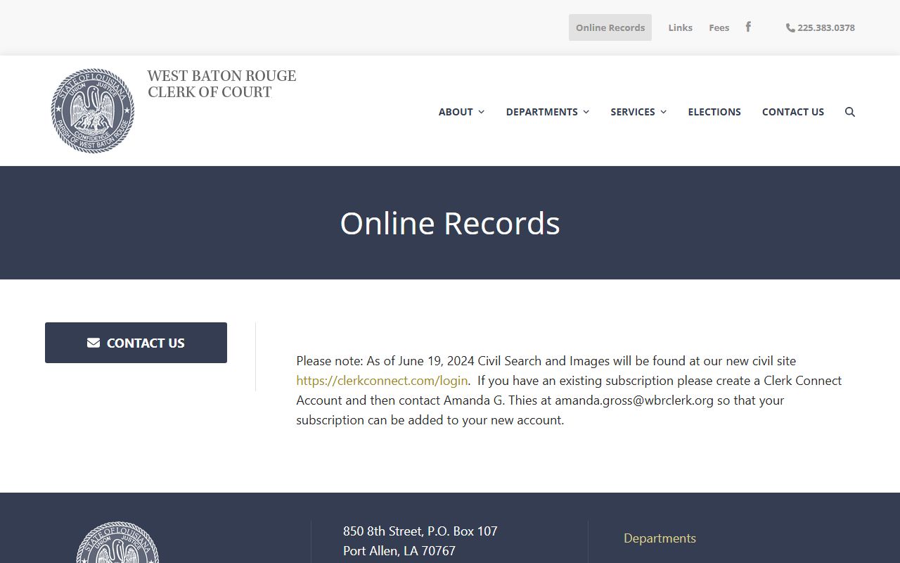 West Baton Rouge Parish Clerk of Court online records page