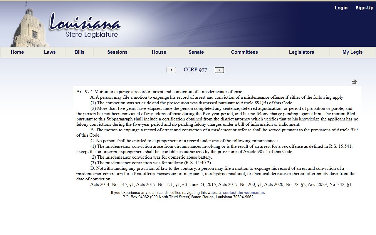 West Baton Rouge Parish criminal court records Louisiana misdemeanor expungement article