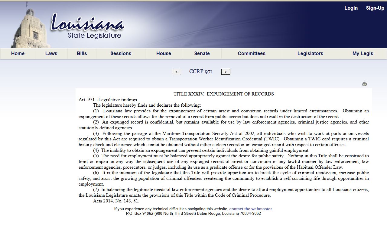West Baton Rouge Parish criminal court records Louisiana expungement article 971