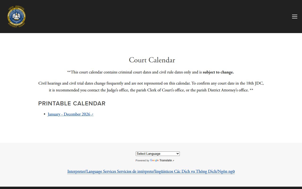 West Baton Rouge Parish District Court printable court calendar