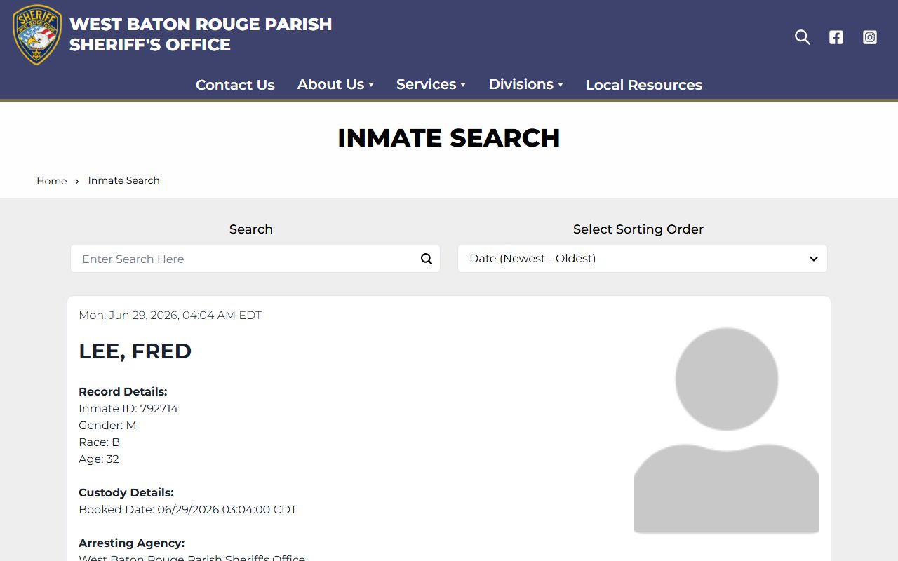 West Baton Rouge Parish inmate records Sheriff inmate search