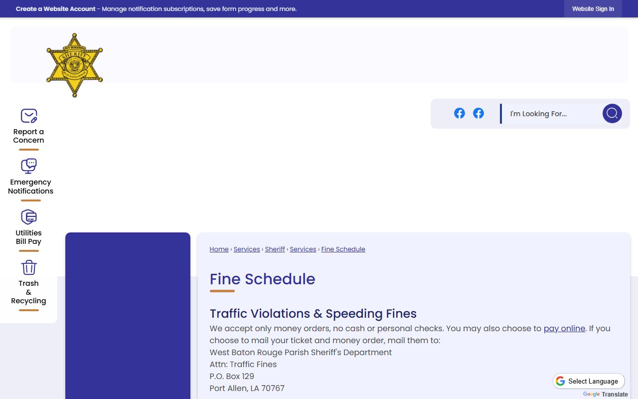 West Baton Rouge Parish traffic court records Sheriff fine schedule