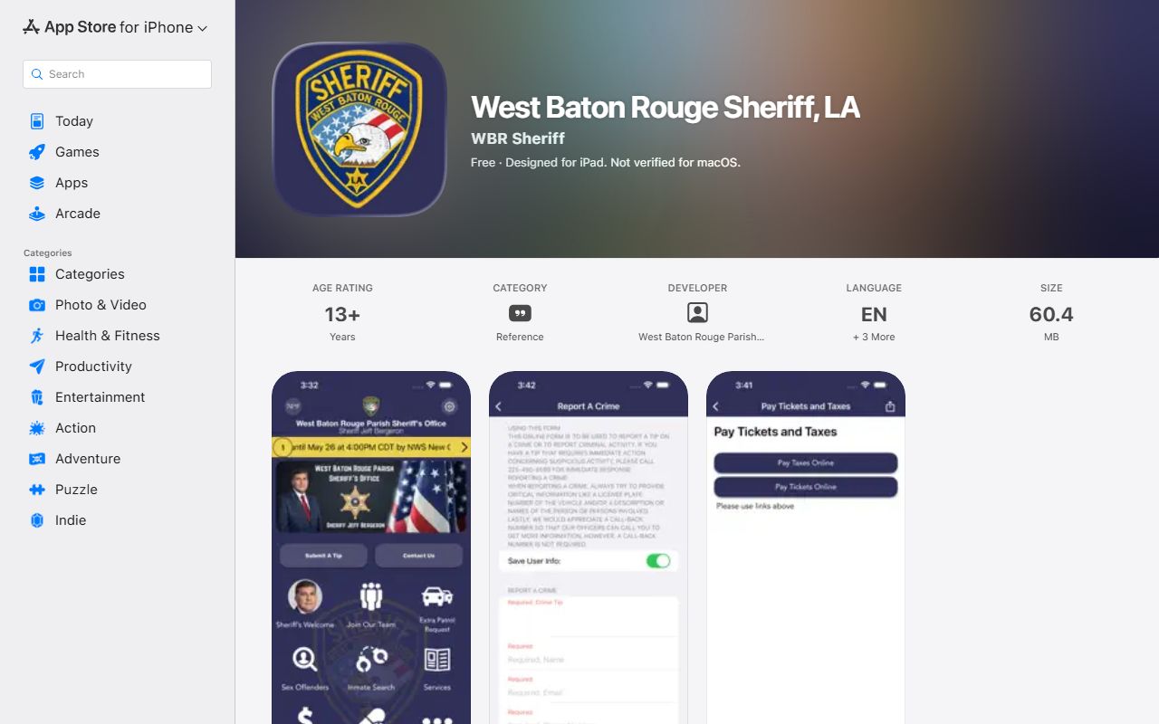 West Baton Rouge Parish warrant records Sheriff iOS app listing